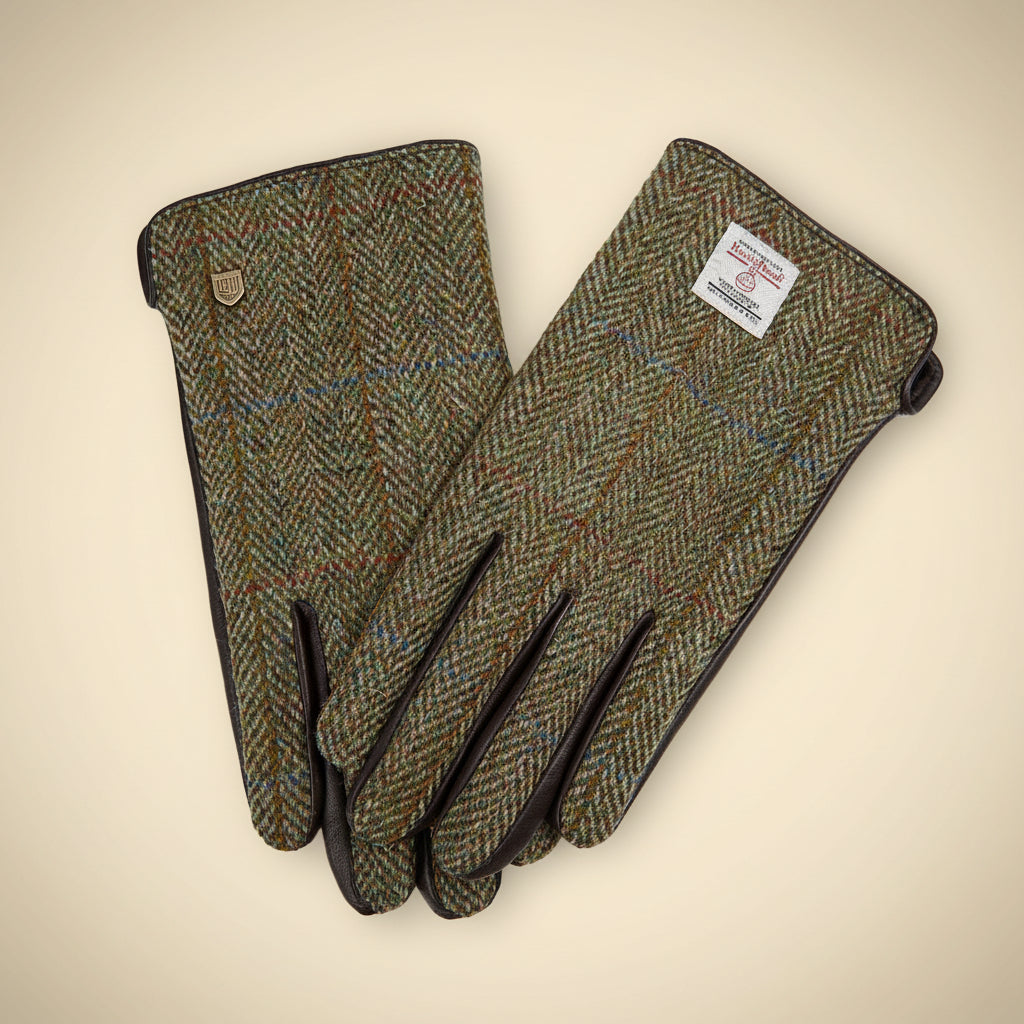 Chestnut herringbone Harris Tweed men's gloves styled for winter