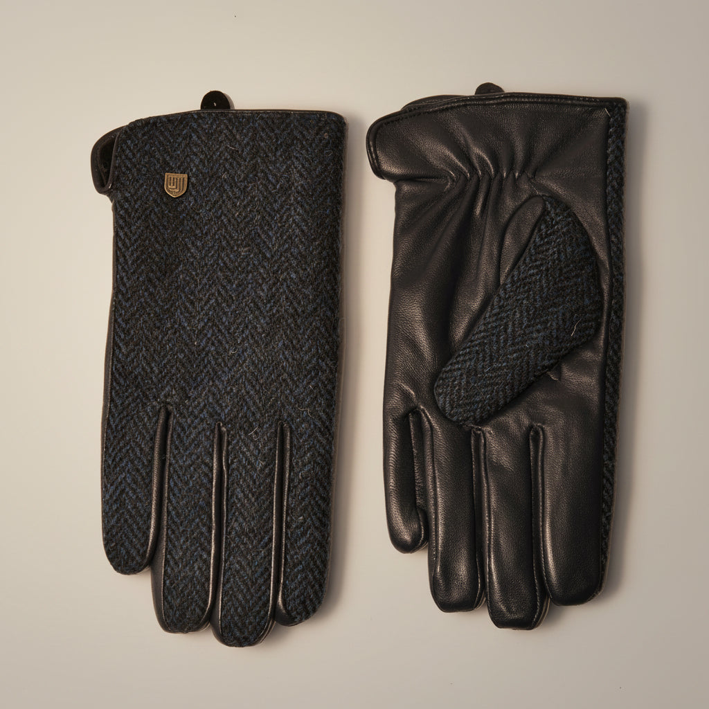 Navy herringbone Harris Tweed men's gloves styled for winter