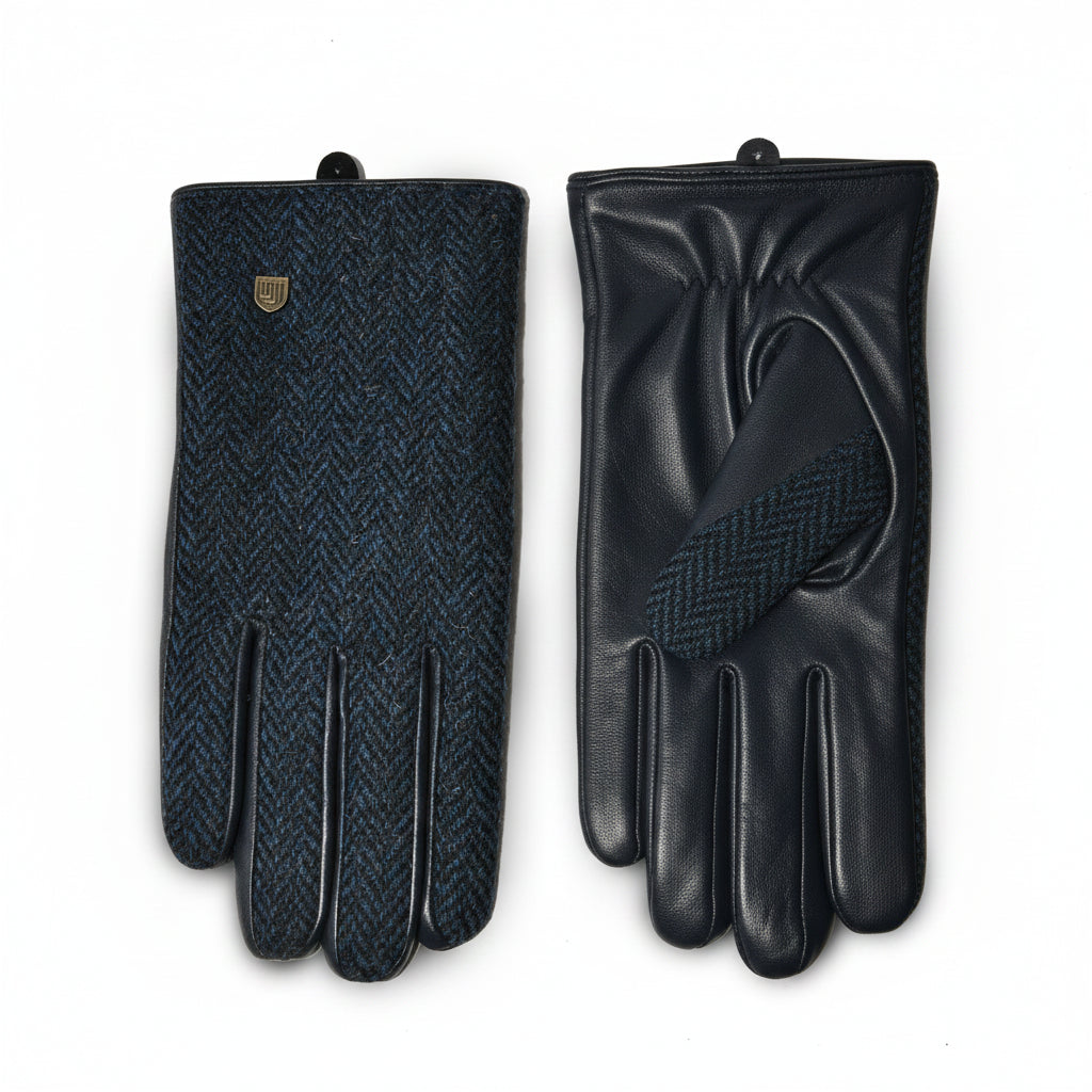 Navy herringbone Harris Tweed men's gloves, pair shown flat
