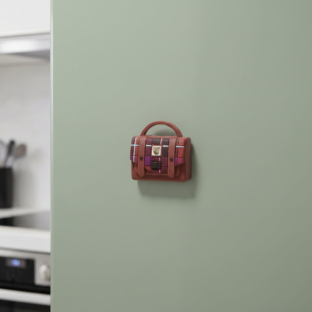 Fuchsia tartan mini satchel magnet styled as a small gift
