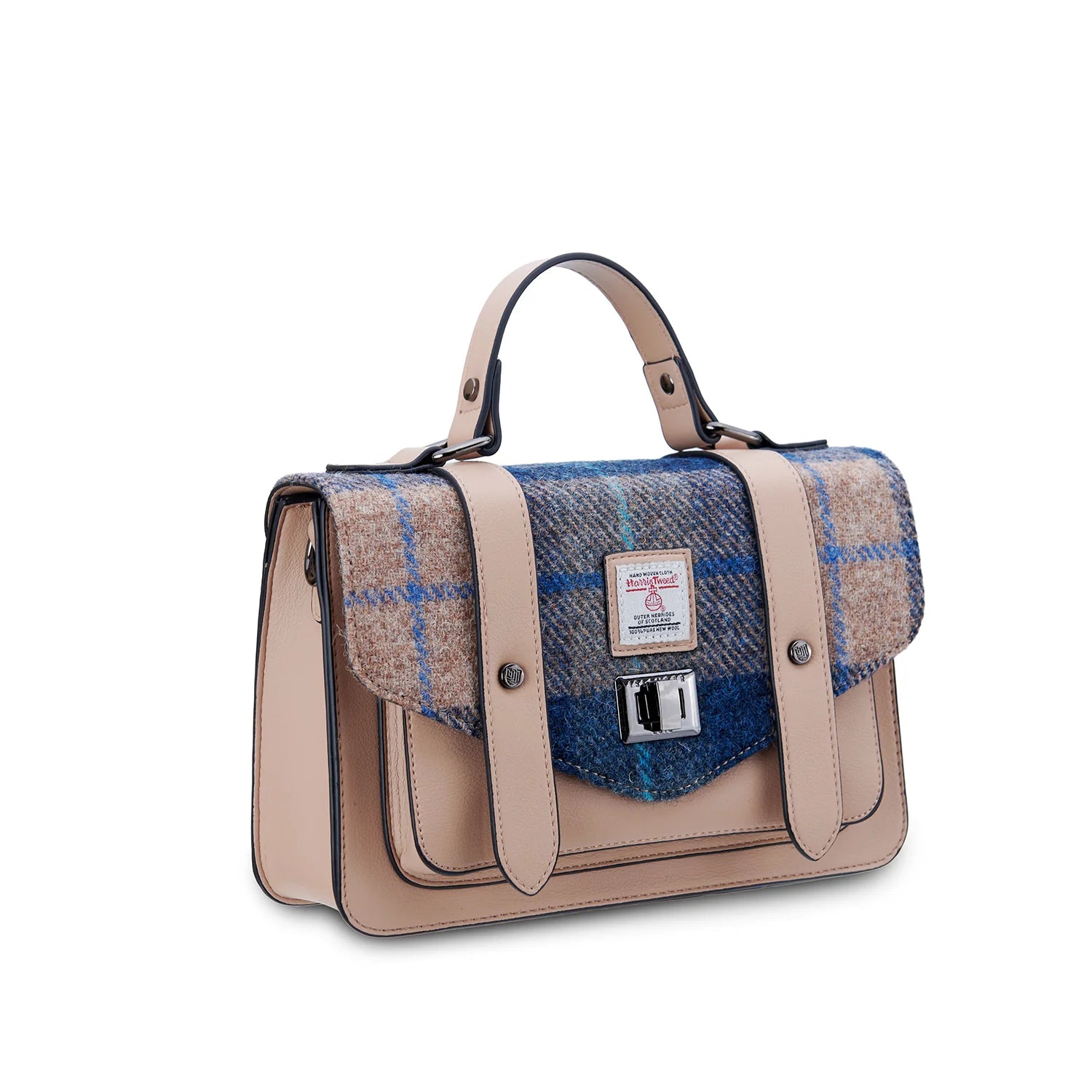 Front view of Harris Tweed satchel showing fabric pattern and clasp.