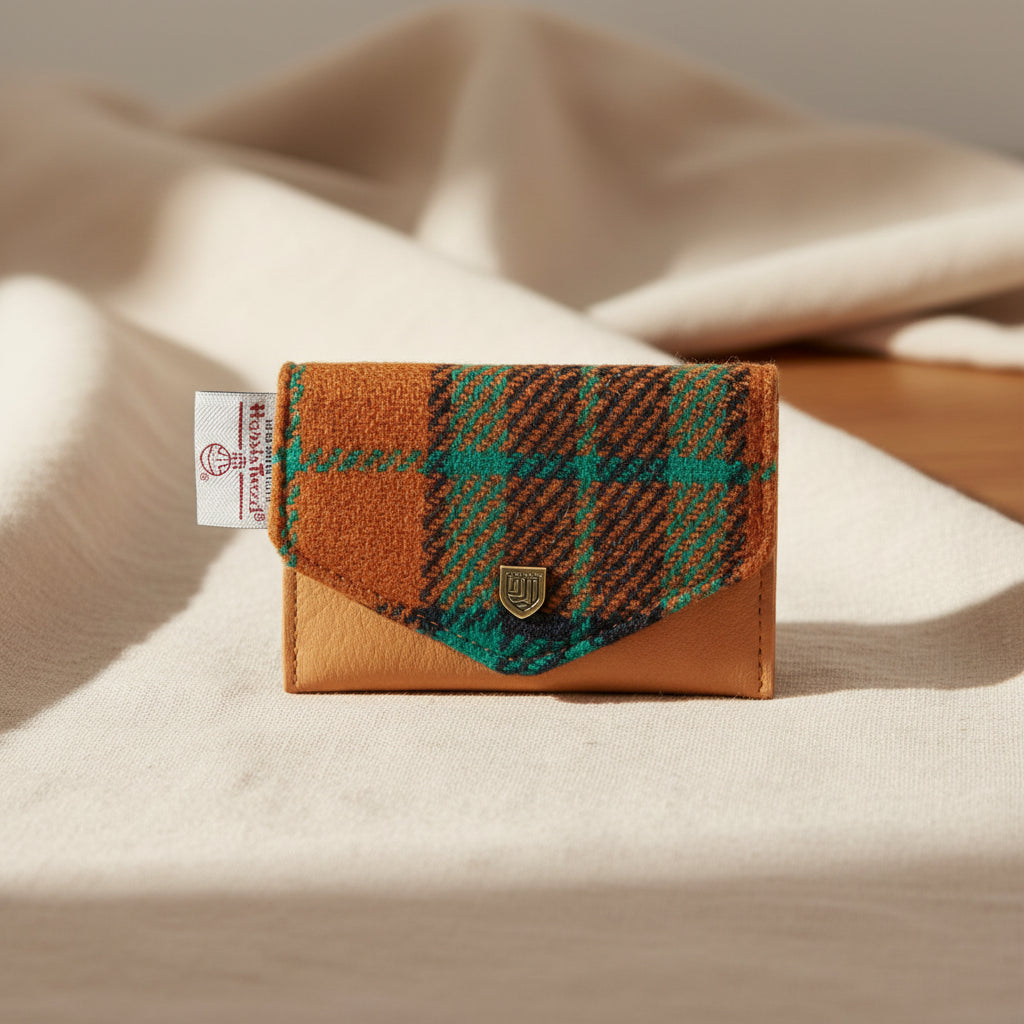 Plaid cardholder with leather accents on a white background
