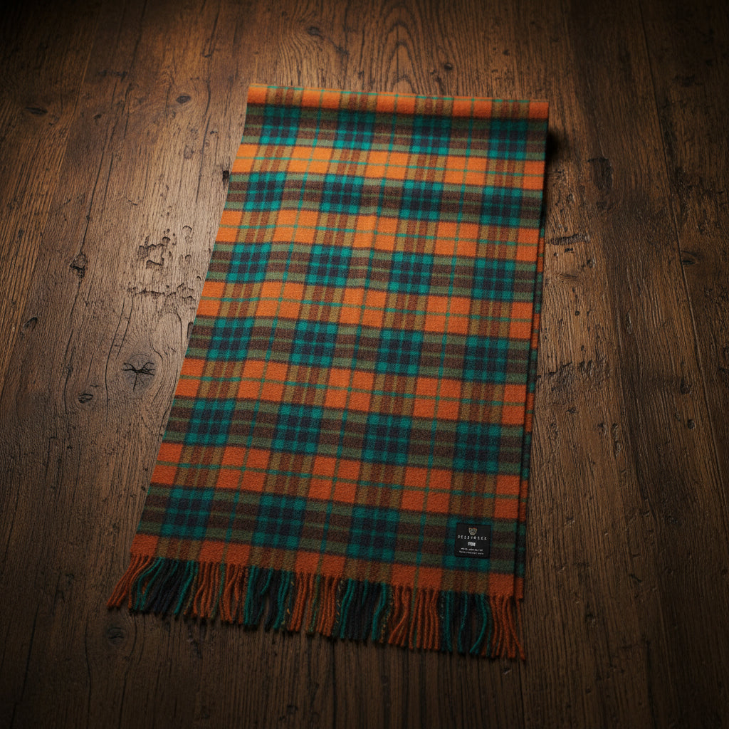 Plaid scarf with orange and green pattern on a white background