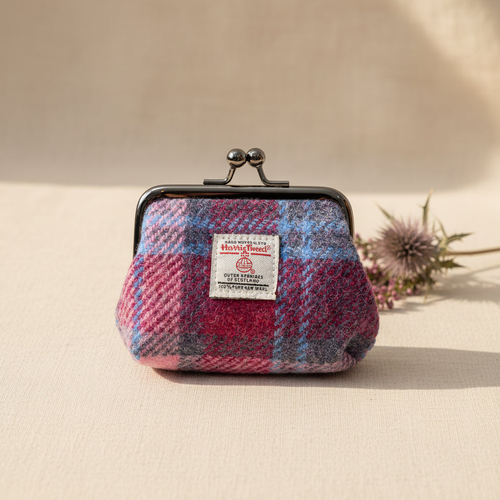 Harris Tweed coin purse with a checkered pattern on a white background