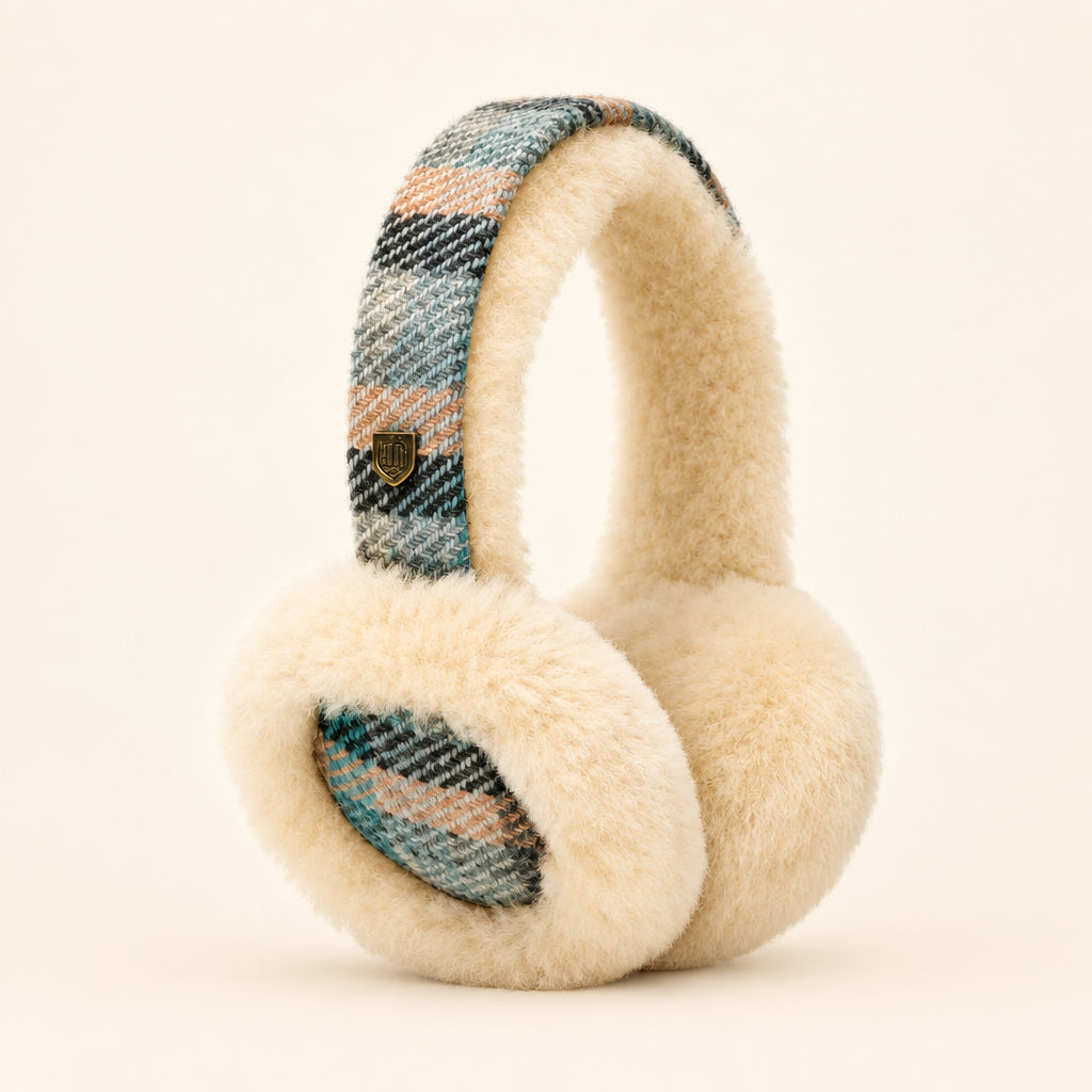 A pair of plush over-ear earmuffs with thick cream-colored faux fur ear cushions and a plaid headband featuring shades of teal, gray, and beige. A small shield logo is visible on the headband.