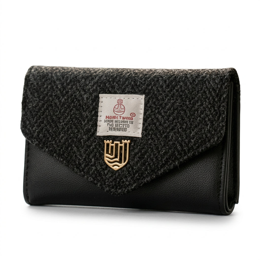 Black herringbone Harris Tweed clasp purse on wooden table with leather base.