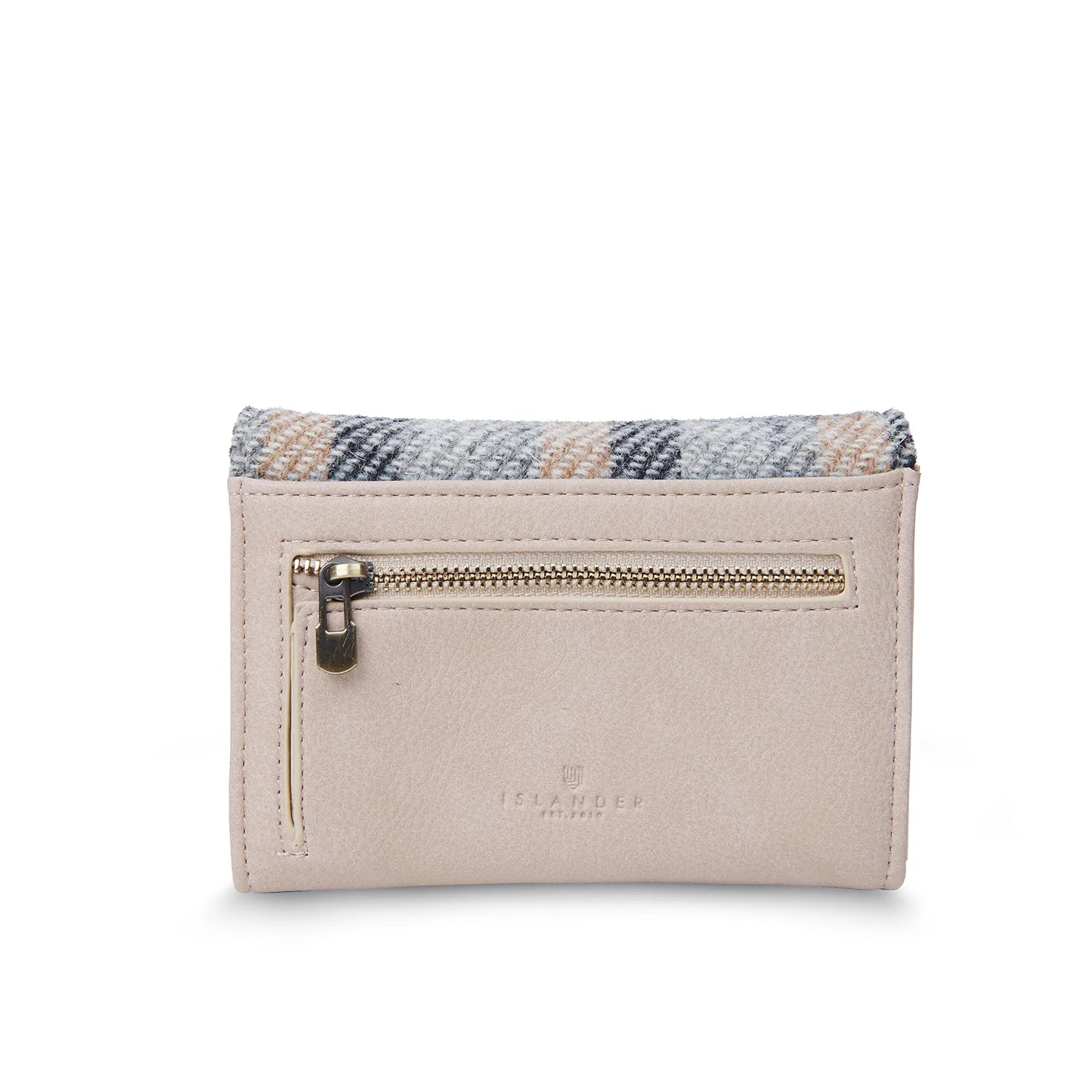 Back of the purse featuring a cream faux leather finish with a zip pocket and Harris Tweed trim across the top.