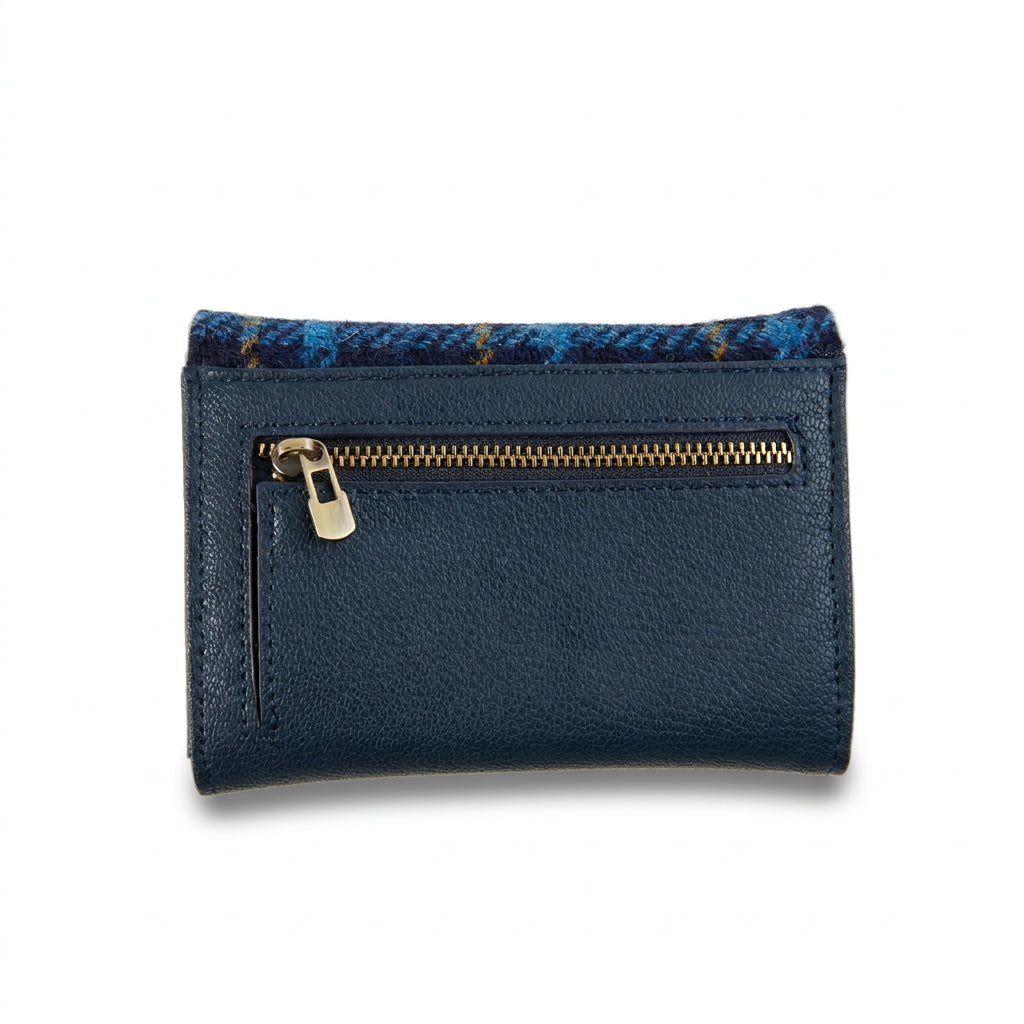 Navy tartan Harris Tweed purse back showing zip pocket detail.