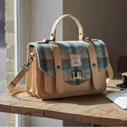 Islander tartan Harris Tweed satchel with cream leather on desk by window