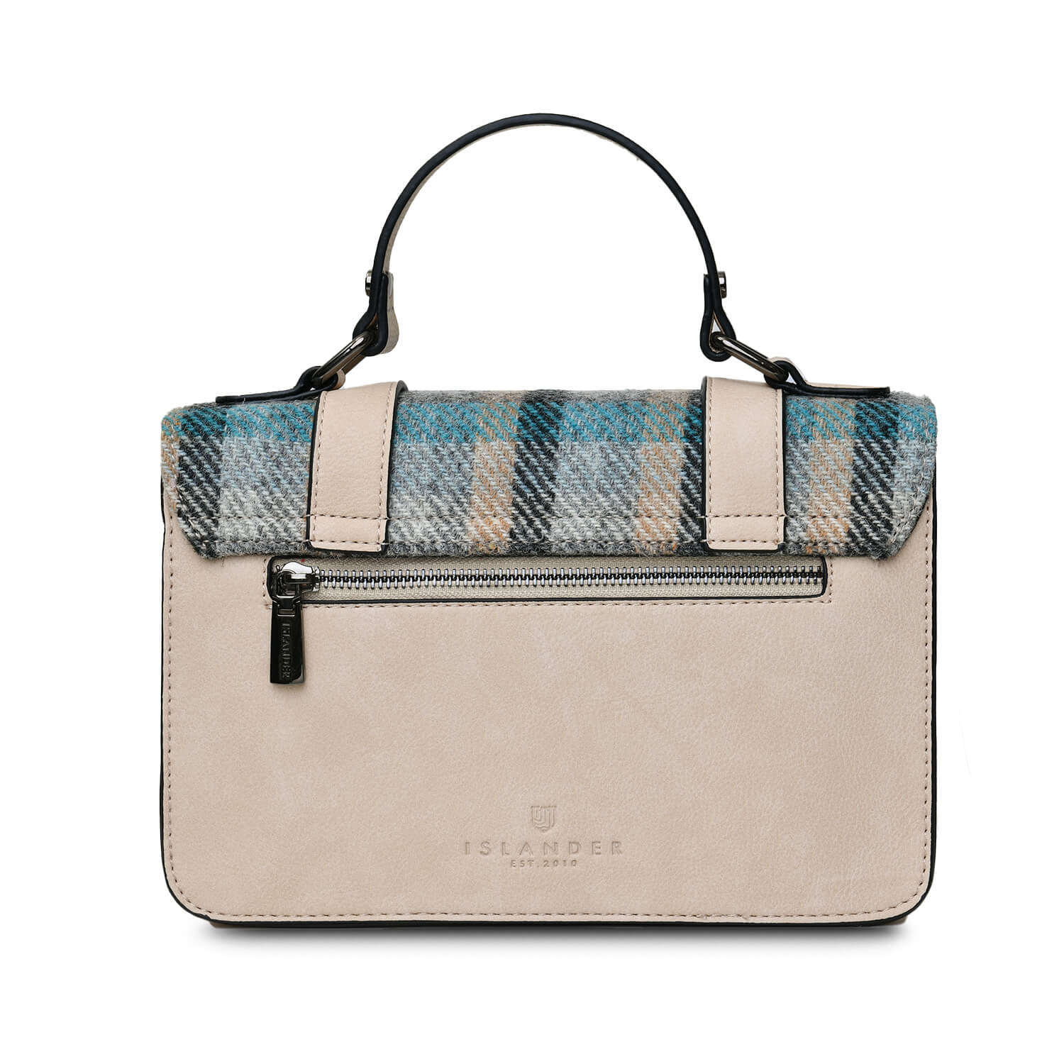 From behind the Harris Tweed satchel showing the cream coloured leather and rear zip.