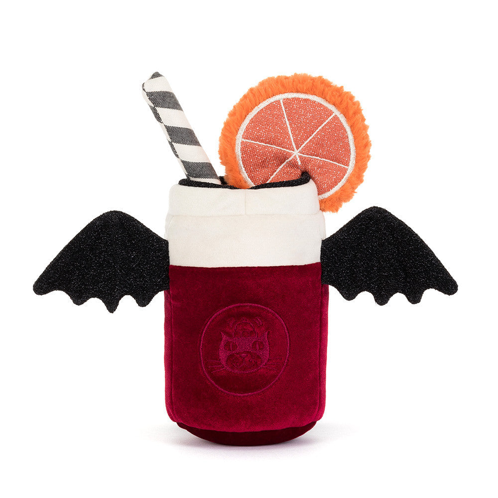 Back of Vampop Drink plush with embossed logo and bat wings on white