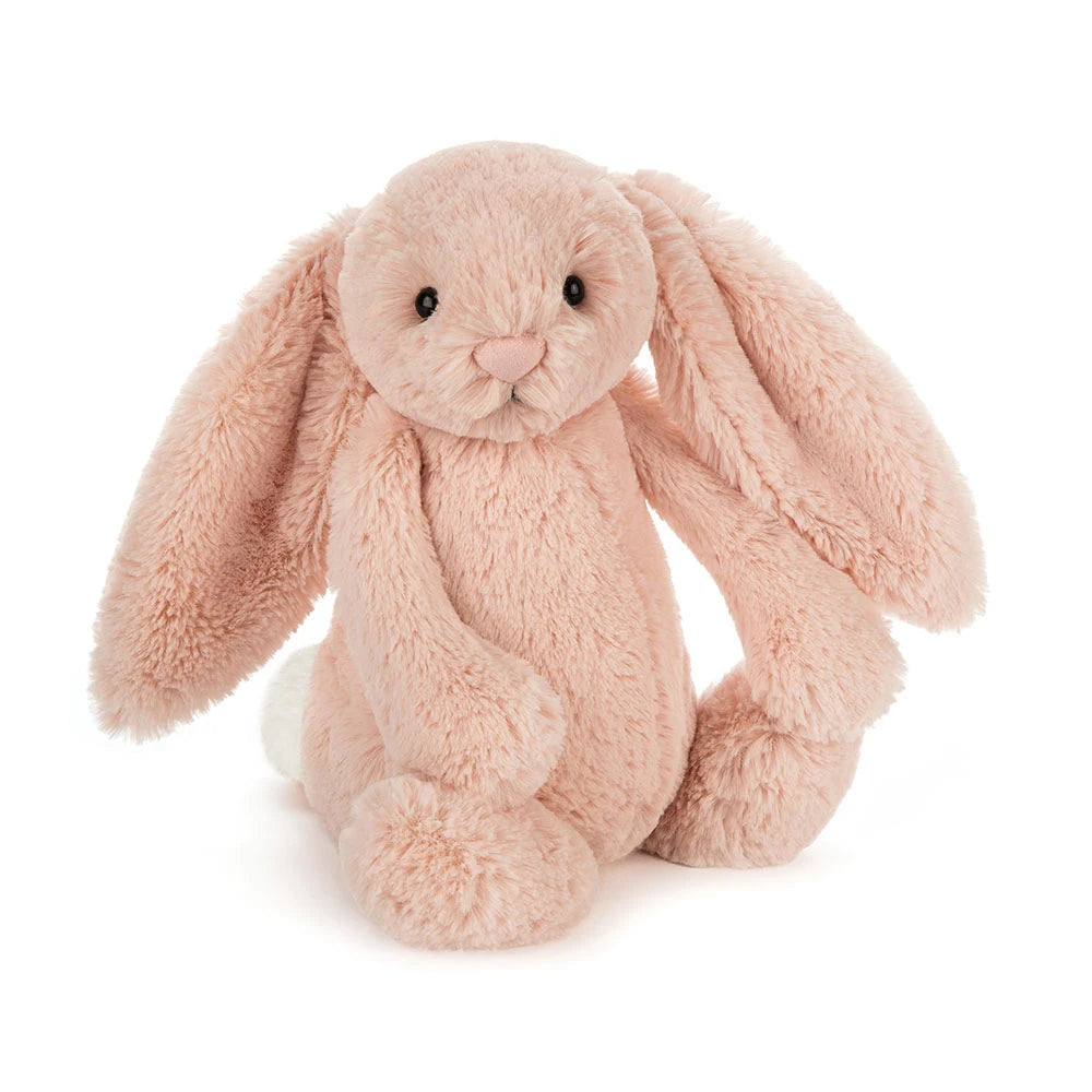 Jellycat Bashful Blush Bunny sitting upright in rose fur, white background
