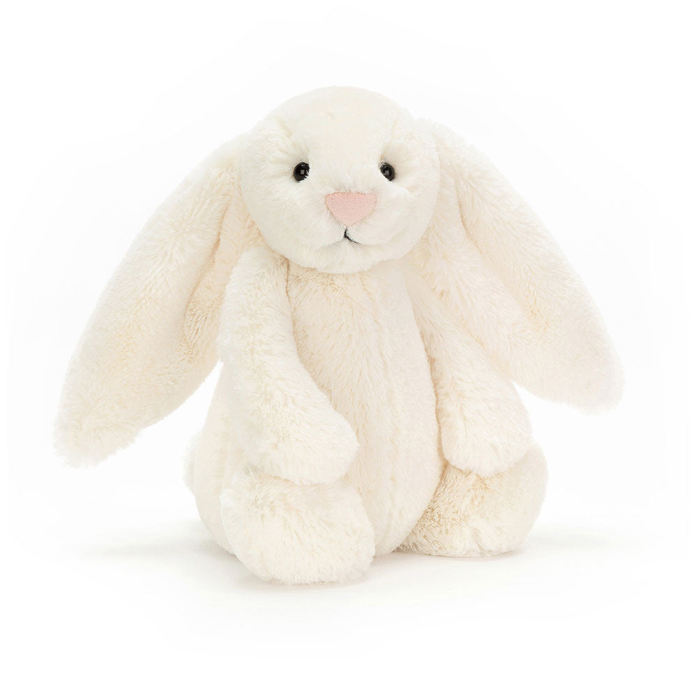 Jellycat Bashful Cream Bunny Original sitting upright, pale cream fur with long floppy ears