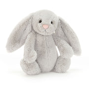 Jellycat Bashful Silver Bunny Original sitting upright, soft grey fur with long floppy ears and a pink stitched nose
