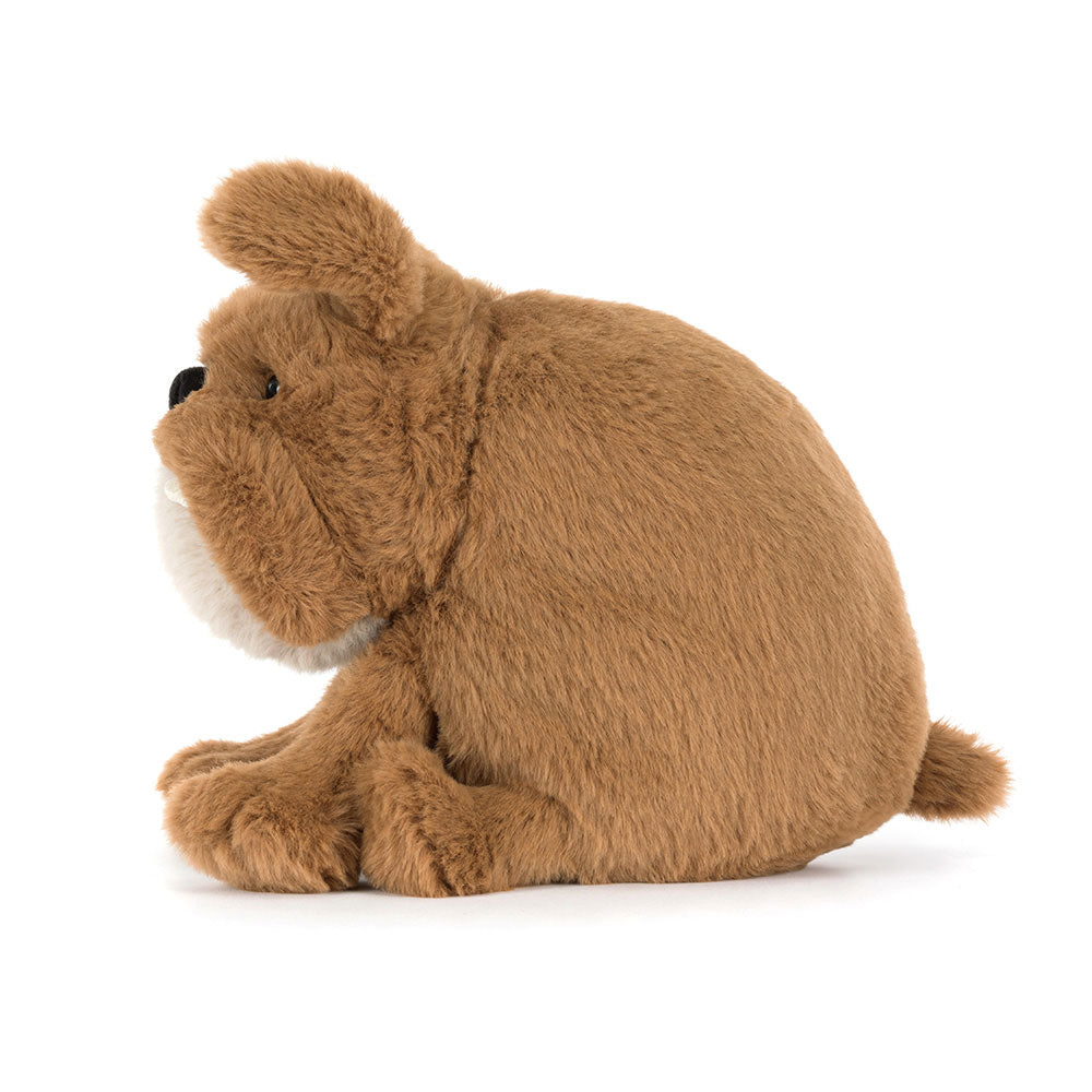 Jellycat Derreck Dog side view showing squat body and tufted tail, white background