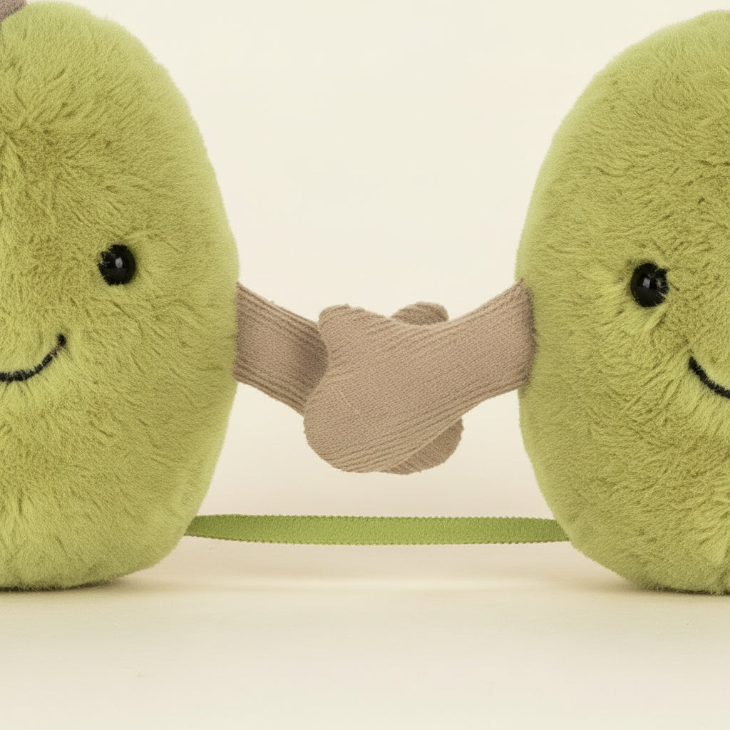 Jellycat Pair of Olives smiling plush pals holding hands