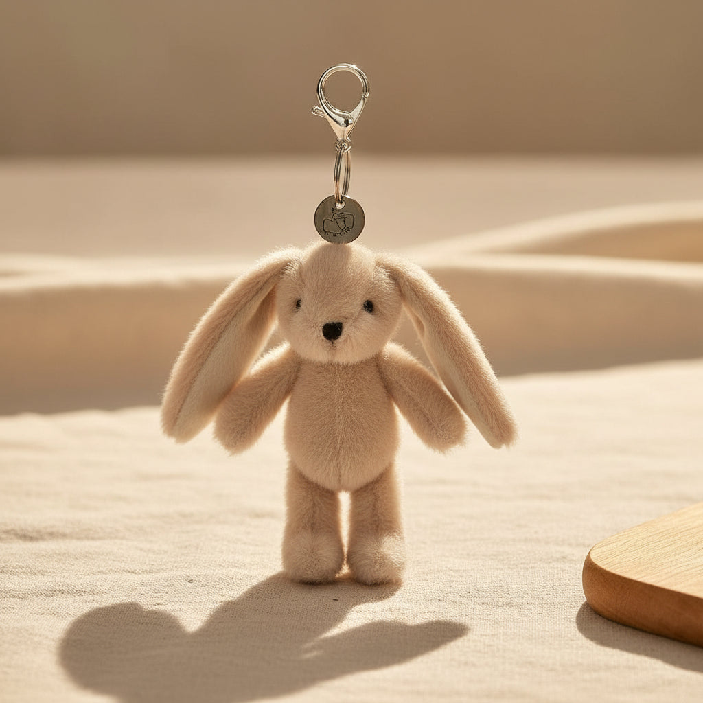 A plush bunny keychain in a light beige/tan color, featuring long floppy ears, small black embroidered eyes and nose, and a silver metal clasp with a round black charm at the top, shown against a plain light gray background.