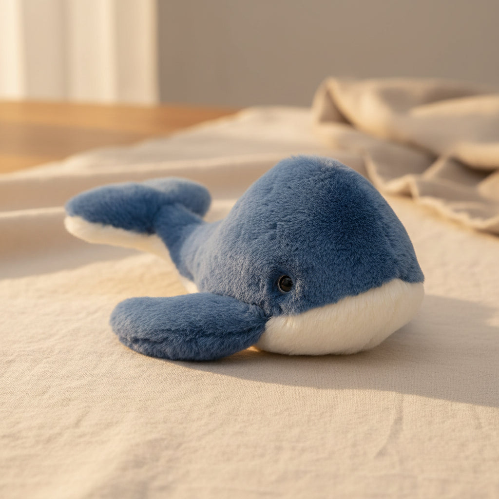 Soft blue whale toy with cream belly and raised tail, side view