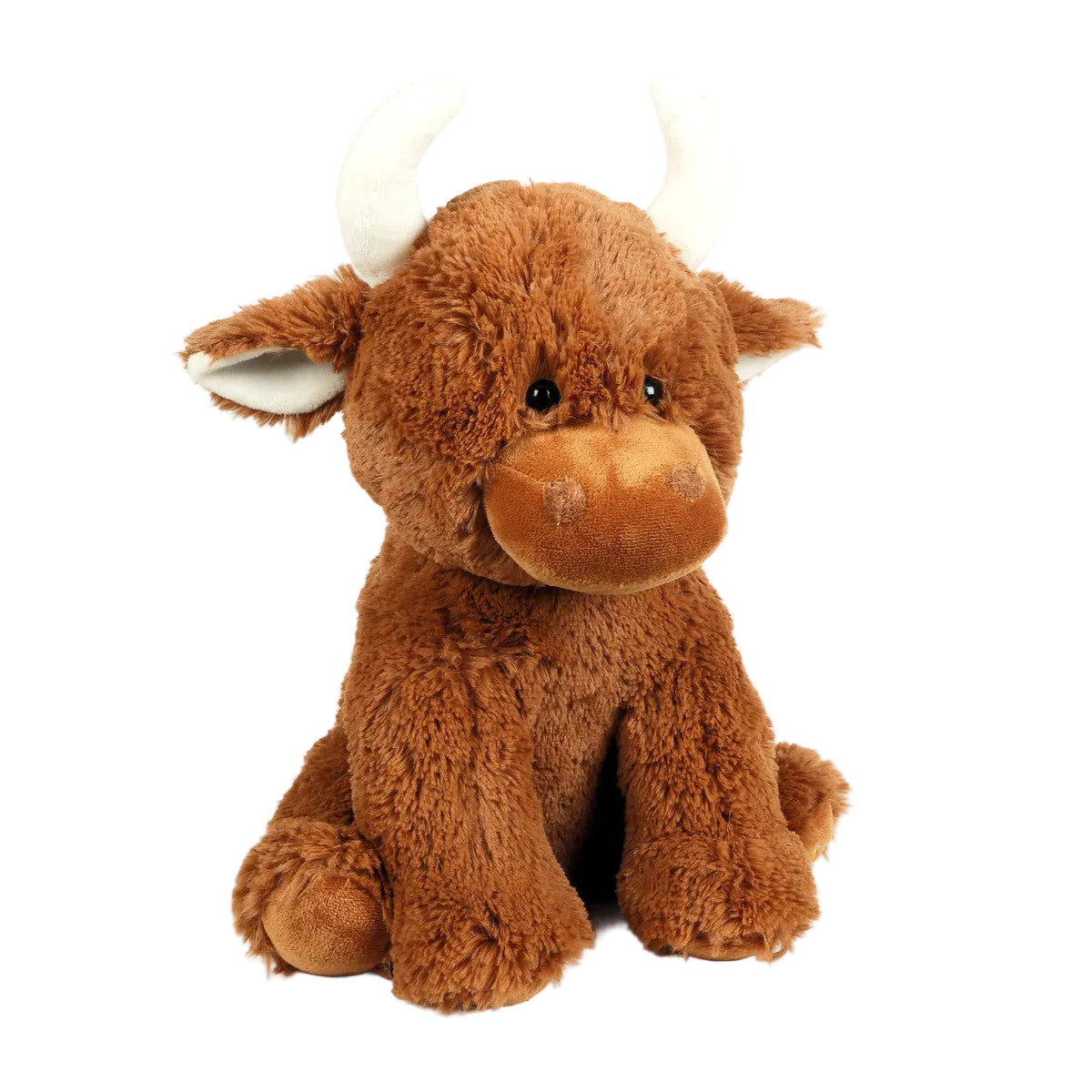 Brown Highland cow plush toy front view on white wooden background