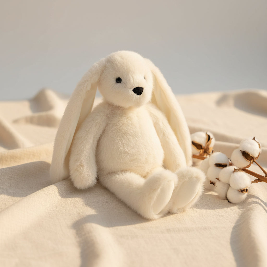 Cream bunny soft toy with long floppy ears sitting with legs out, front view
