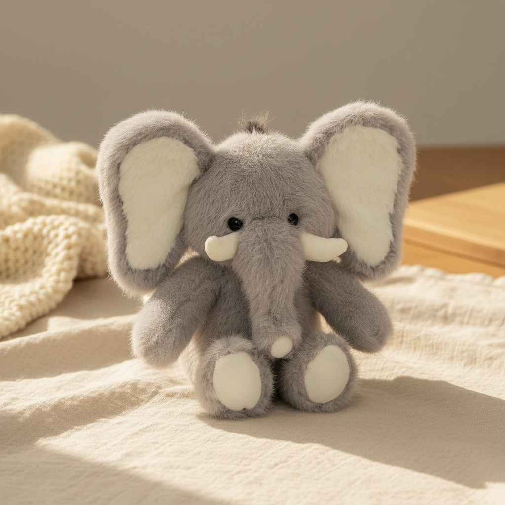 Dove grey elephant toy with big cream ears and small tusks, front view