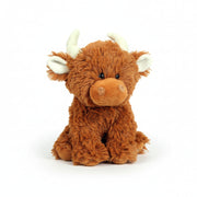 Highland cow plush brown soft toy sitting facing forward on white background