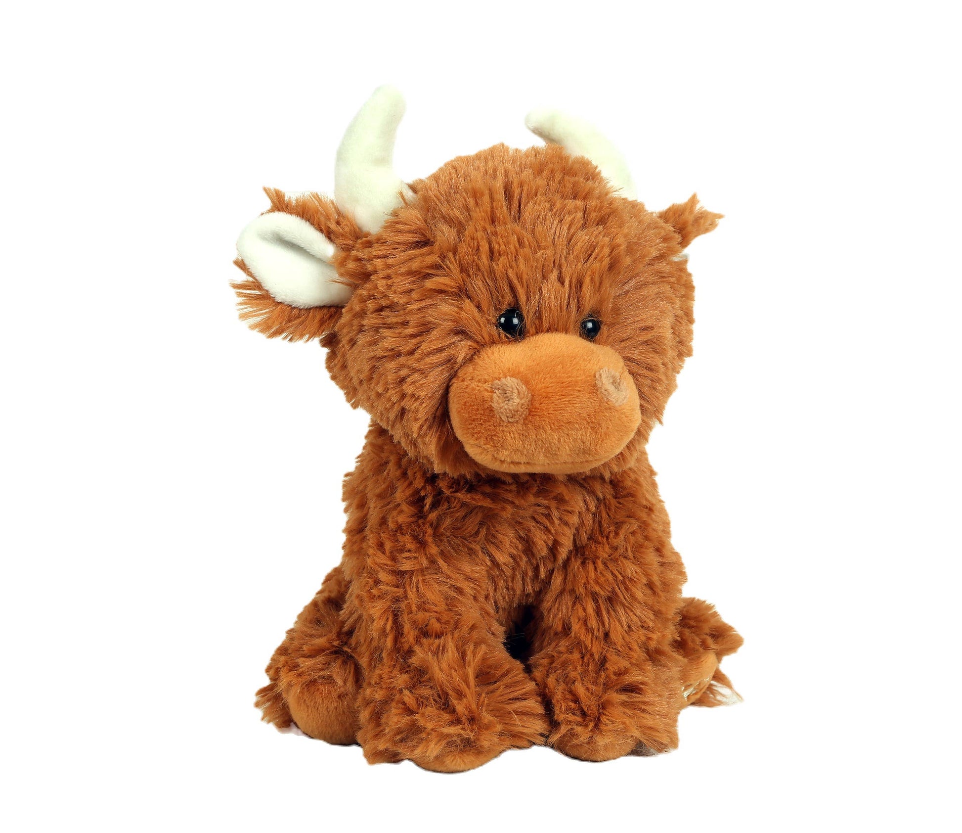 Highland cow plush brown soft toy sitting facing forward on white background