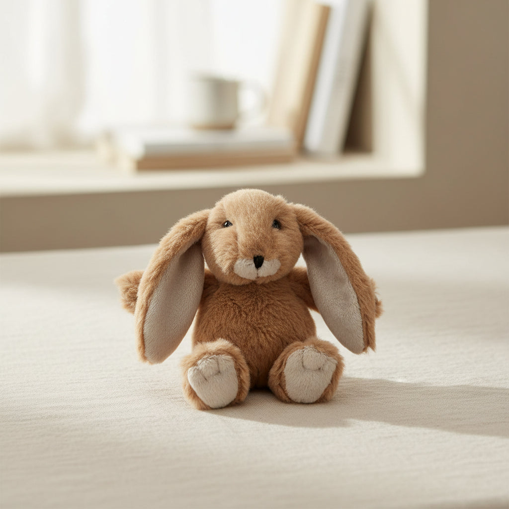 Brown plush bunny toy on a white background
