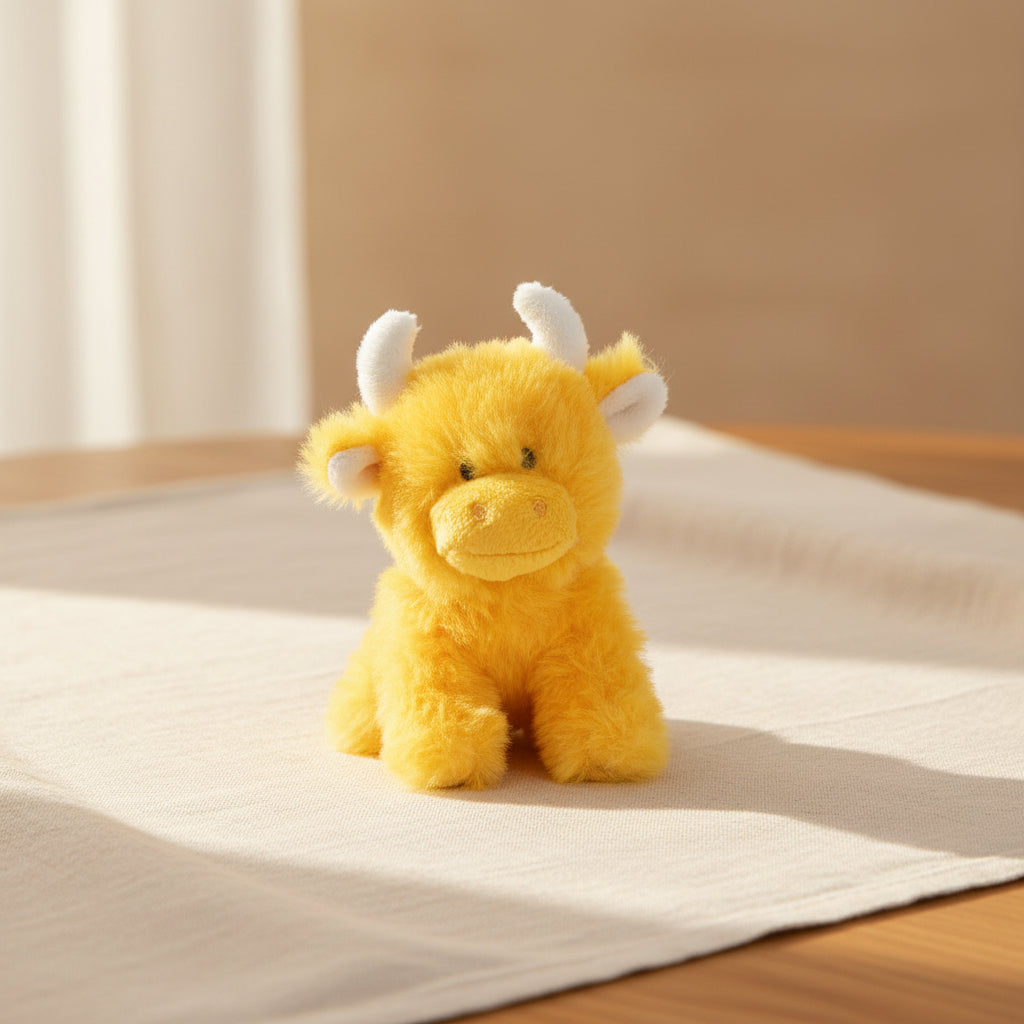 Orange Highland cow collectible plush front view on grey background