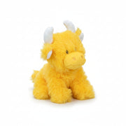 Mini orange Highland cow soft toy side view with white horns on grey background