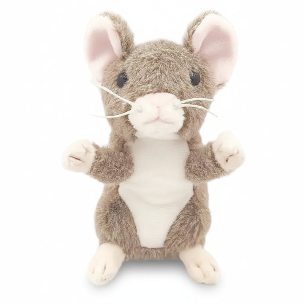 Mini mouse plush soft toy standing upright with pink ears on white background