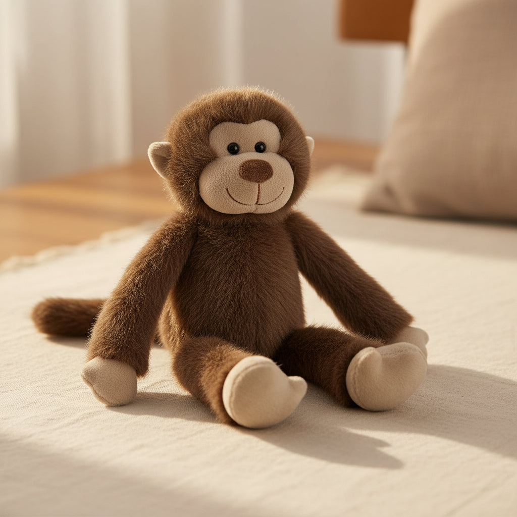 Soft brown monkey toy sitting with long arms and oatmeal face, front view
