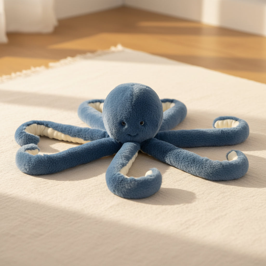 A blue plush octopus toy with soft, wavy tentacles and a small embroidered face, photographed on a clean light gray studio background.