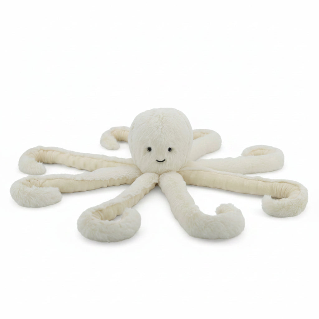 Cream octopus toy with eight curled tentacles spread out, front view