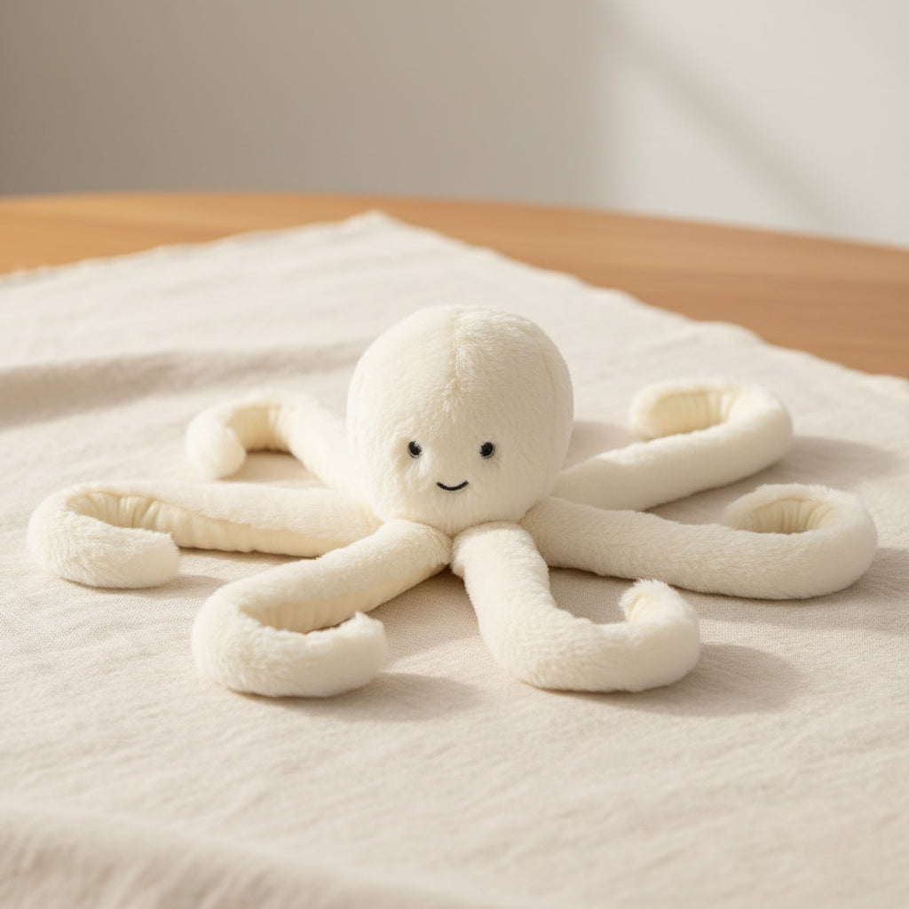 A plush octopus toy in off-white with a soft, fuzzy texture, featuring a simple embroidered smiley face and eight curly tentacles, photographed on a seamless light gray background.
