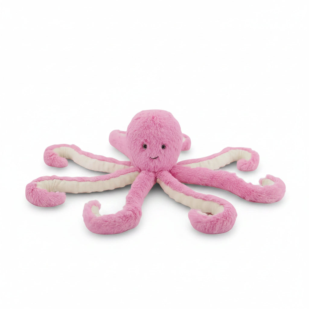 Rose pink octopus toy with cream ribbed tentacles spread out, front view