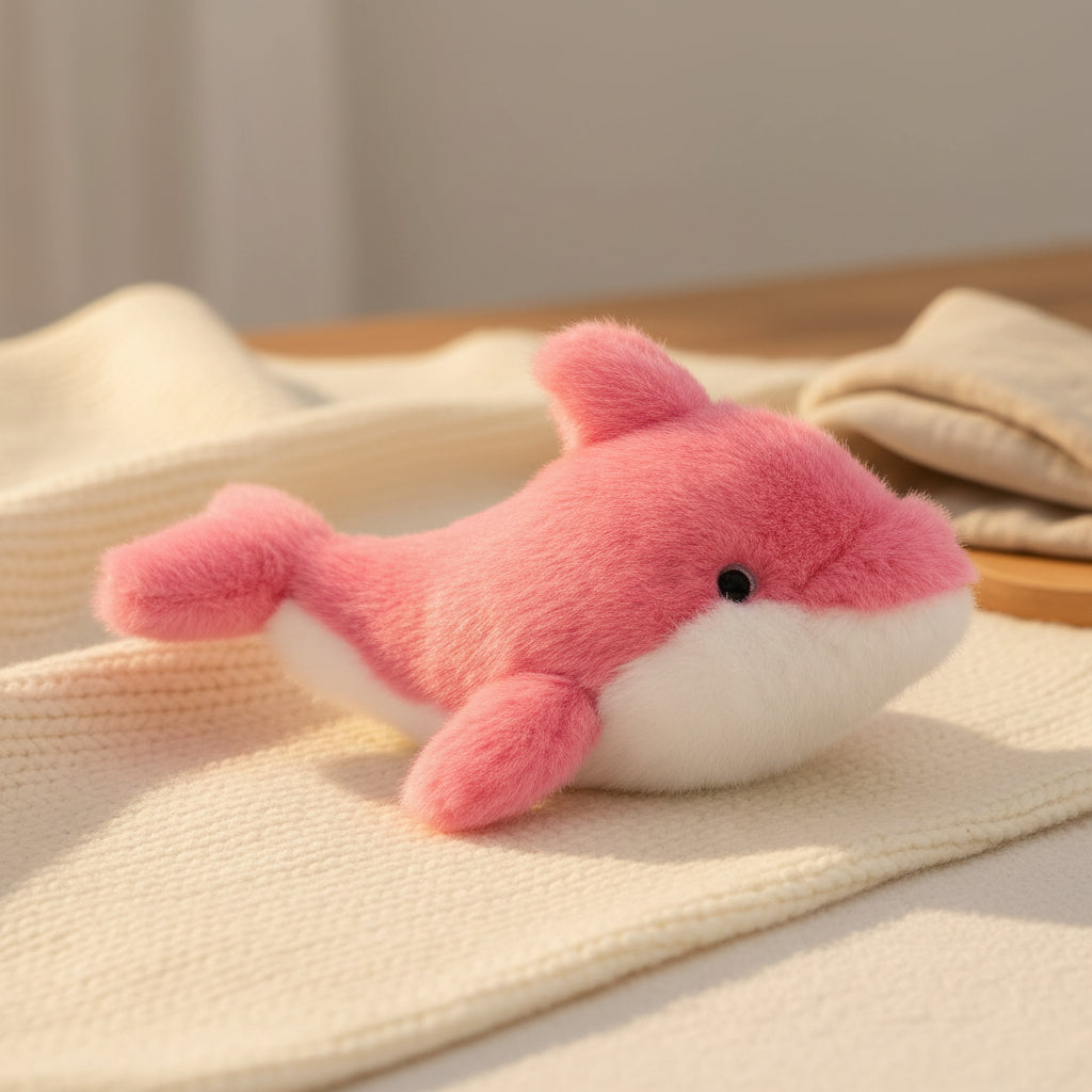 Soft pink dolphin toy with cream underside and dark eye, side view