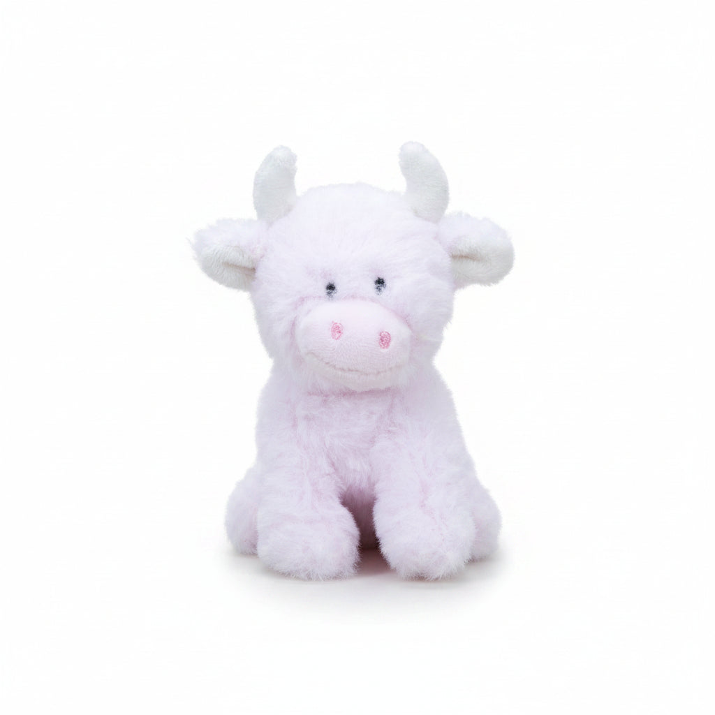 Pink highland cow COOllectible plush front view on grey background