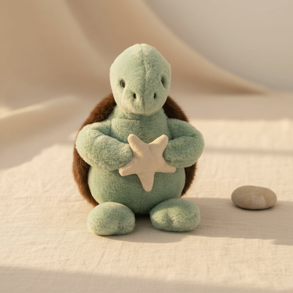 Sage green turtle toy with brown shell holding a cream starfish, front view