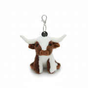 Brown and cream longhorn cow charm with large horns on a metal clasp