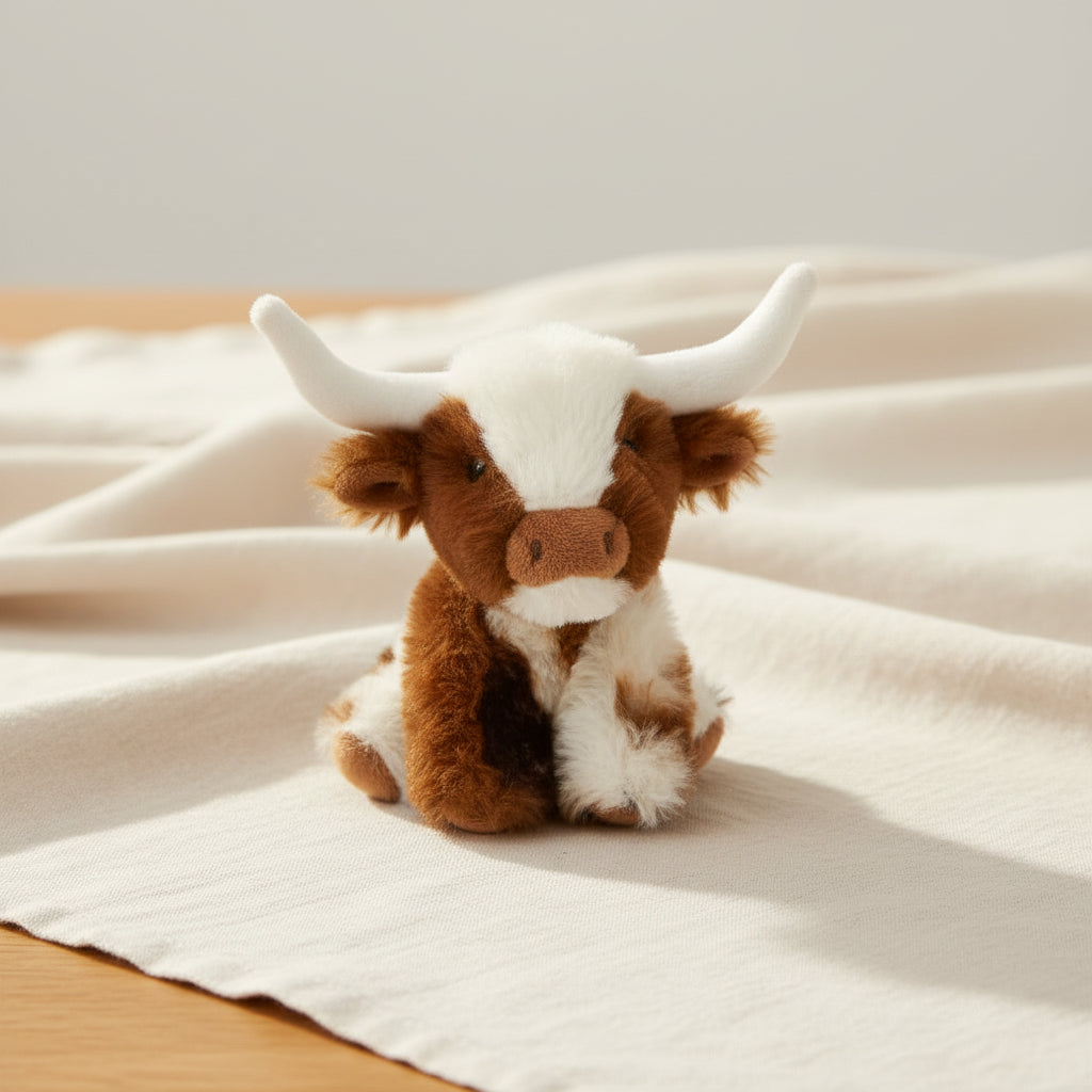 A plush toy Scottish Highland cow with brown and white fur, large curved white horns, and a brown snout, sitting on a white background.