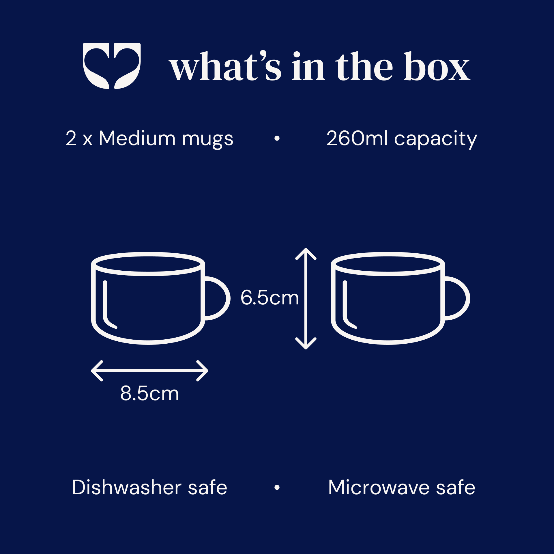 Size guide showing two medium Kindred mugs at 8.5 x 6.5cm and 260ml