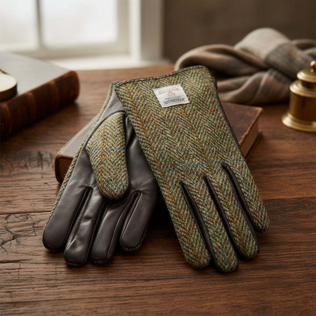 Ladies Harris Tweed gloves in chestnut herringbone with leather palms on white background.  