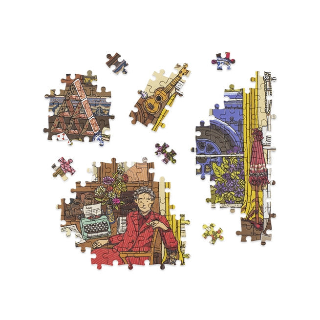 World of Agatha Christie jigsaw loose pieces showing illustrated detail on white