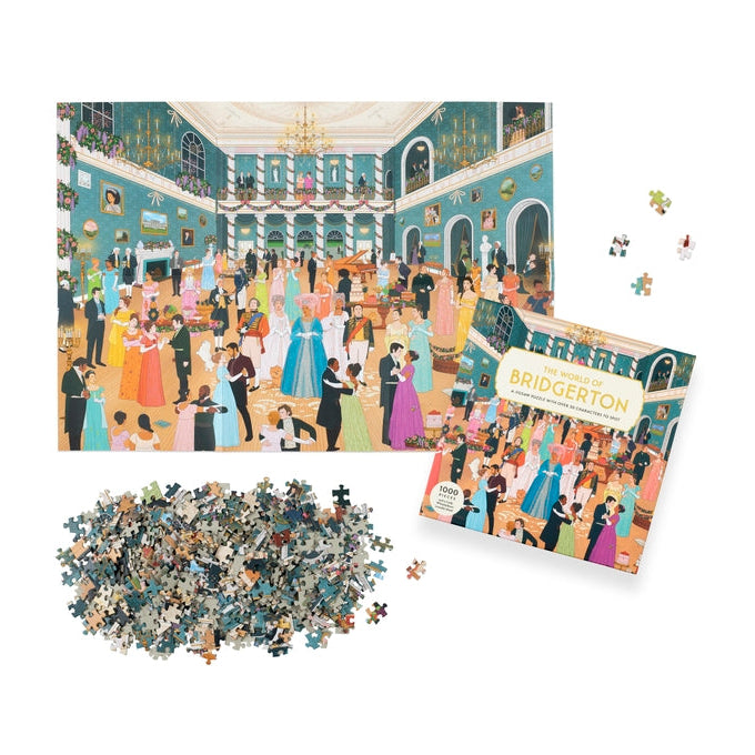 World of Bridgerton jigsaw completed beside its box on a white background
