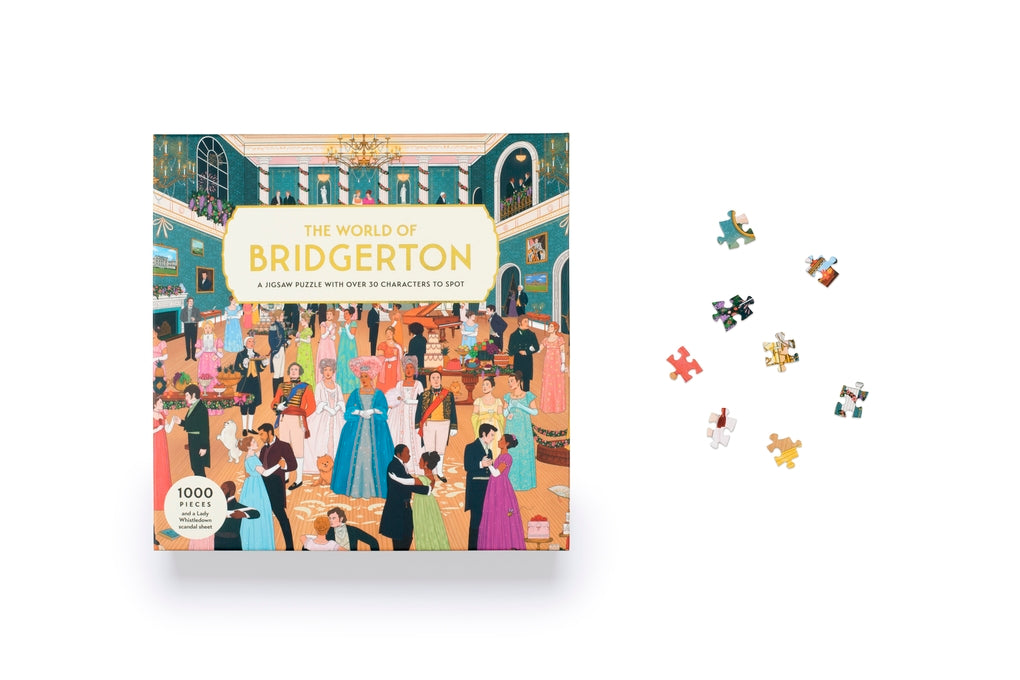 World of Bridgerton jigsaw box front with loose pieces on a white background