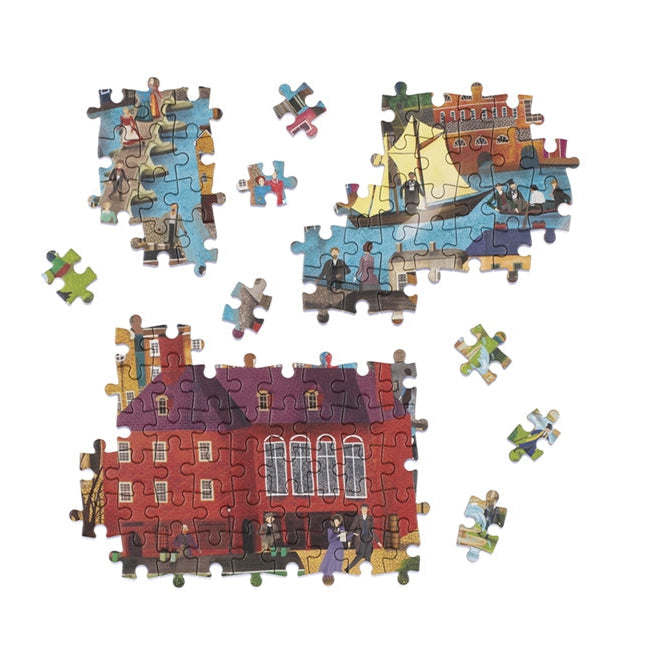 World of Charles Dickens jigsaw loose pieces showing illustrated detail on white