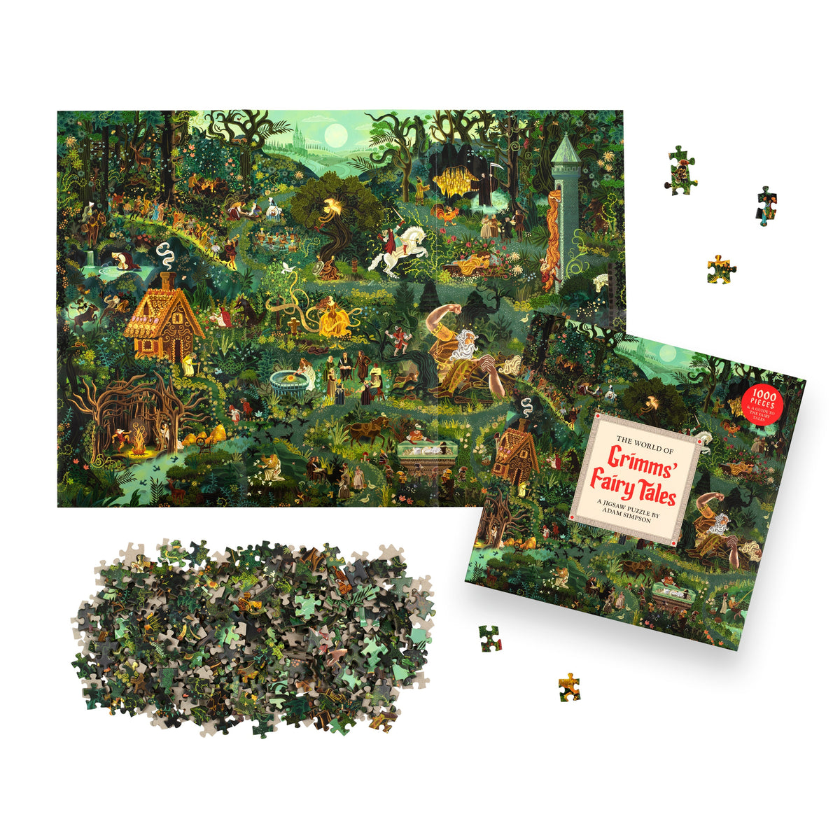 World of Grimms’ Fairy Tales jigsaw completed beside its box on a white background