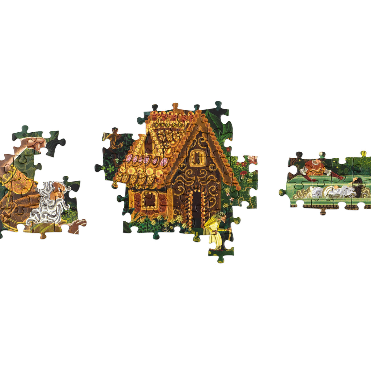 World of Grimms’ Fairy Tales jigsaw loose pieces showing illustrated detail on white