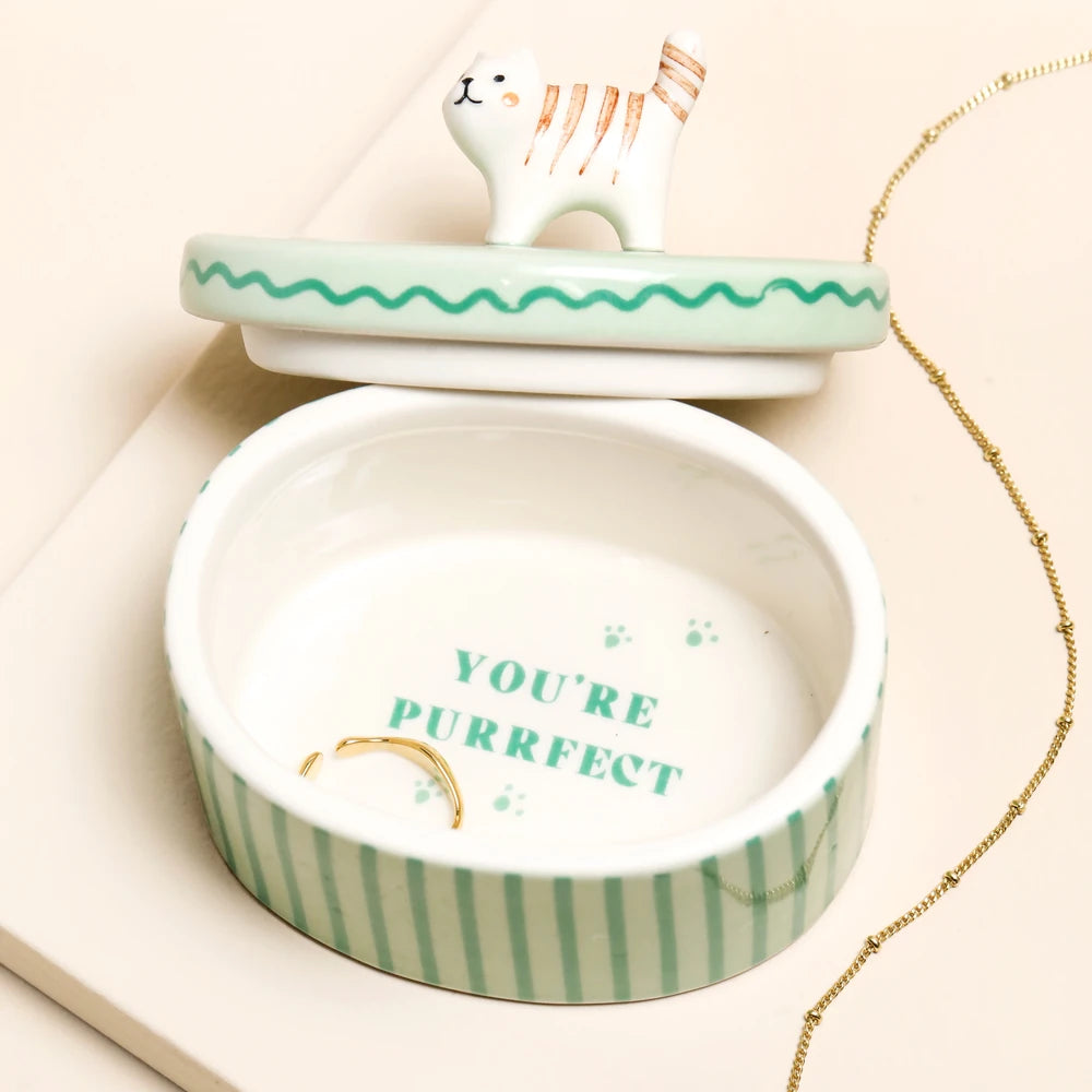 Cat trinket pot open with rings inside and You're Purrfect lettering